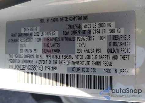 2016 Mazda Cx-5 Sport z USA, uszkodzony, nr VIN JM3KE2BYXG0860143